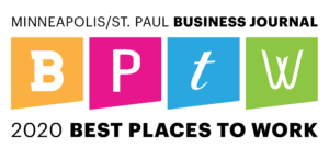 Colorful blocks with letters B, P, t, and W. Text: 2020 Best Places to Work - Minneapolis/St. Paul Business Journal.