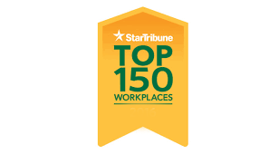 Yellow banner with Star Tribune Top 150 Workplaces in green and white text.